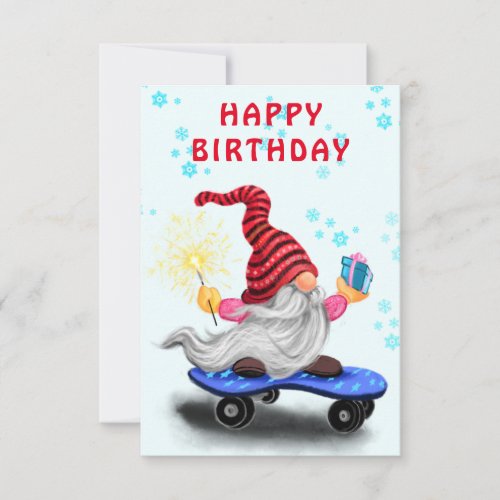 Birthday Card with Happy Skater Gnome with Gifts