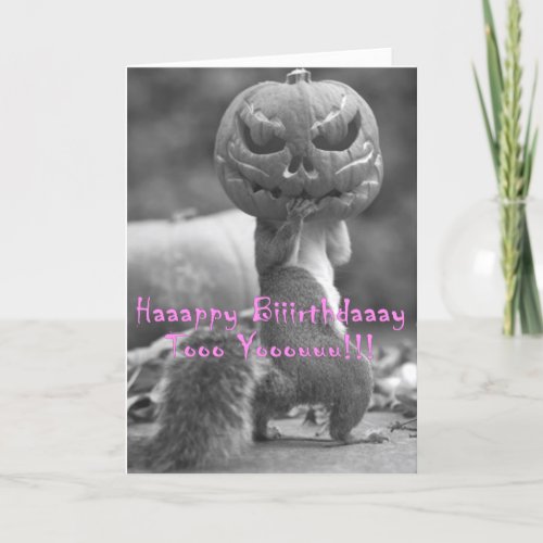 birthday card with squirrel wearing jack_o_lantern