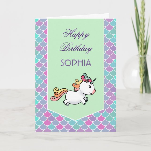 Birthday card with unicorn and mermaid scales (Front)