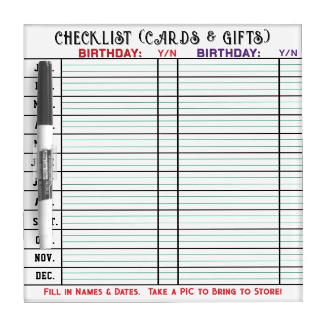Birthday Cards and Gifts Checklist Dry Erase Board (Front)