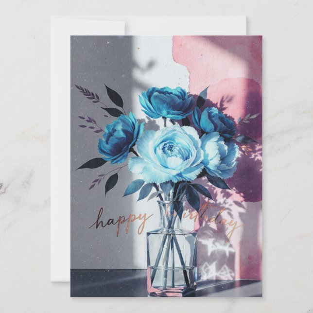 birthday cards blue modern flowers pink watercolor (Front)