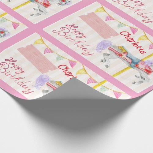Birthday Carousel Horse Add Girls Name Wrapping Paper