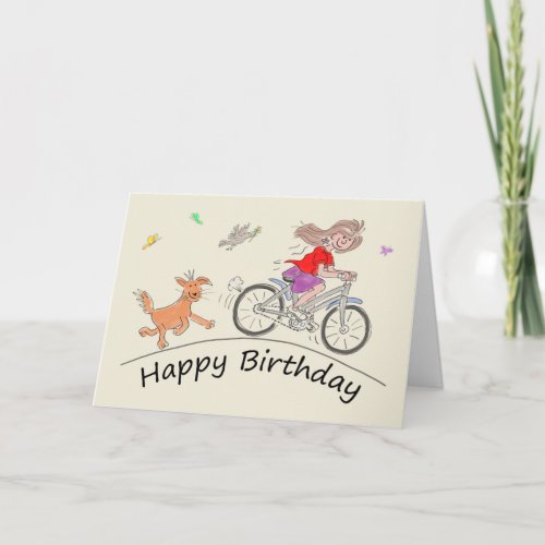 Birthday Cartoon Caricature of Female Riding Bike Card