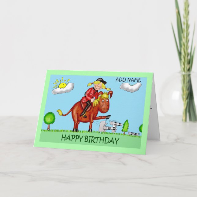 Birthday Cartoon Caricatures of Girl on Horse Card (Front)
