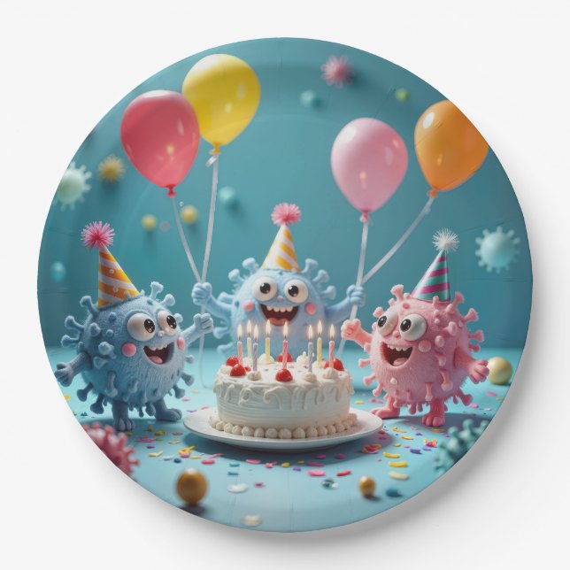 Birthday Cartoon Germ Party Fun Paper Plates (Front)