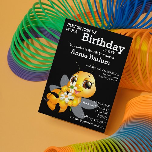 Birthday Cartoon Honey Bee Black Invitation