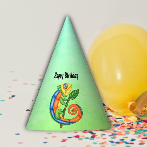 Birthday Cartoon Lizard in Bright Colours Leaf Party Hat