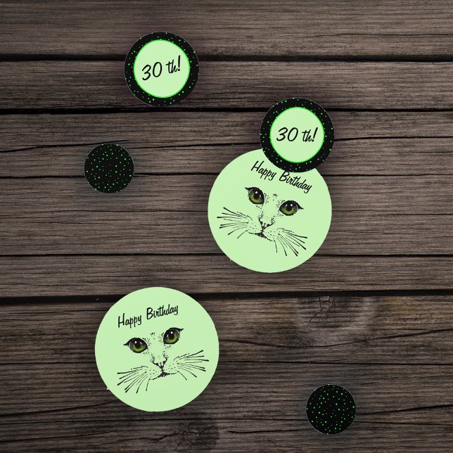 Birthday Cat Face Green Eyes Polka Dots Confetti (Kitty face green eyes and whiskers on green and black with green polka dots Birthday table confetti.)