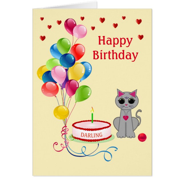 Birthday cat, hearts & multicolored balloons cards (Front)