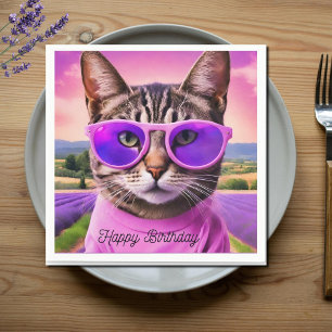 Birthday cat in lavender field napkins