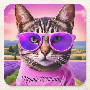 Birthday  cat in lavender field square paper coaster