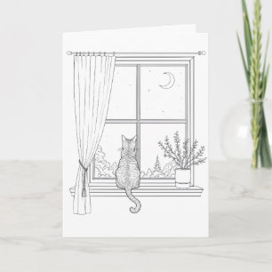 Birthday Cat in Window Minimalistic Line Art Card