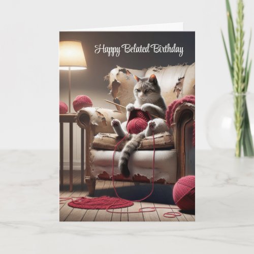 Birthday Cat Knitting In Old Chair Card