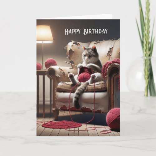 Birthday Cat Knitting In Old Chair Card