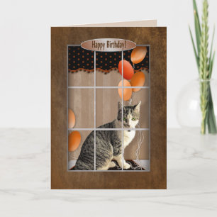 Birthday - Cat Looking out Window - Balloons Card