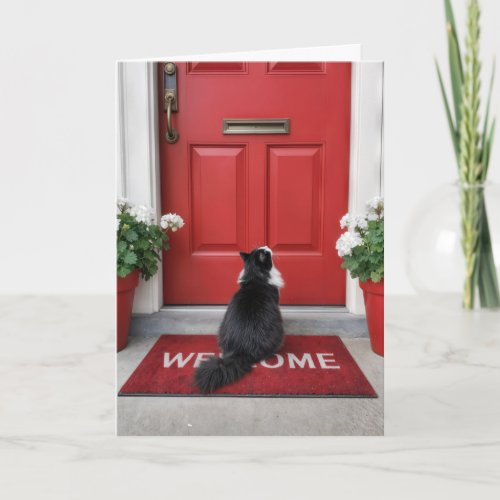 Birthday Cat on a Red Welcome Doormat Card
