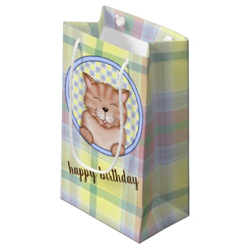 birthday cat on plaid small gift bag