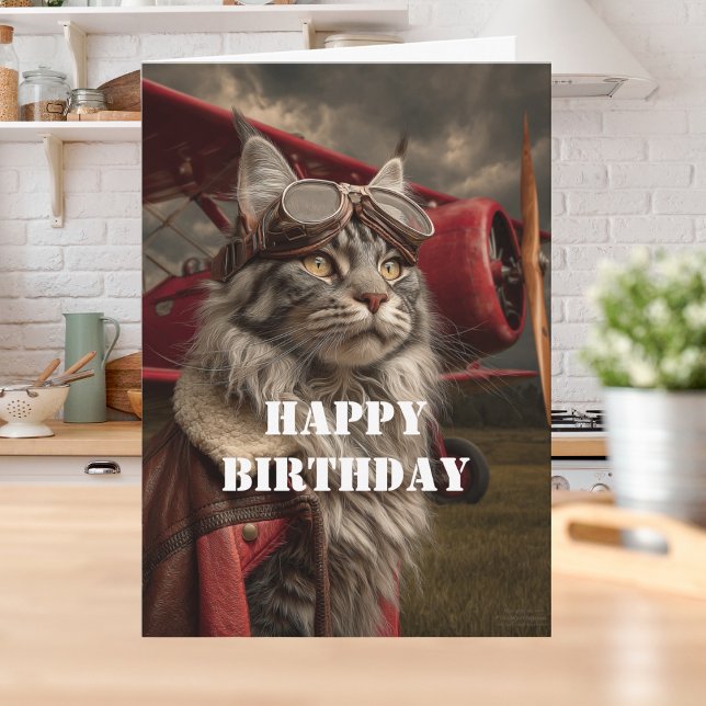 Birthday Cat Pilot Airplane Cool Funny Aviation Card (Creator Uploaded)