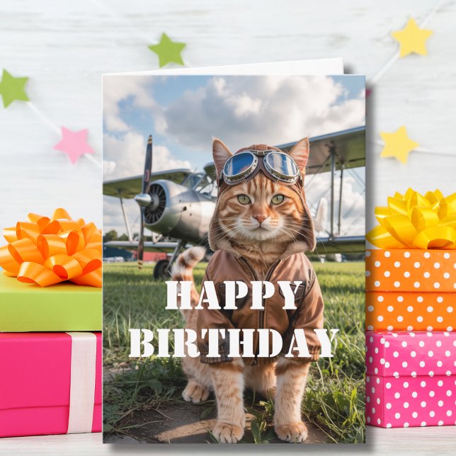Birthday Cat Pilot Photo & Airplane Funny Aviation Card (Creator Uploaded)