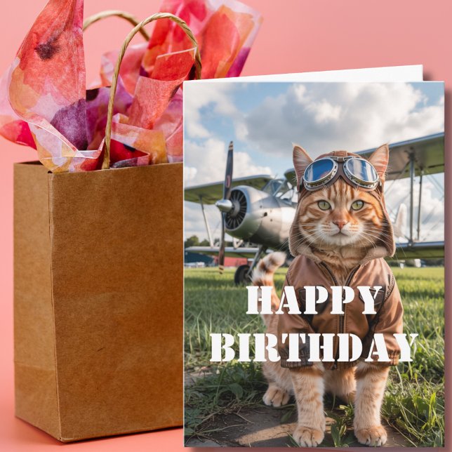 Birthday Cat Pilot Photo & Airplane Funny Aviation Card (Creator Uploaded)