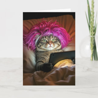 Birthday Cat Staring an Electronic Tablet In Bed Card