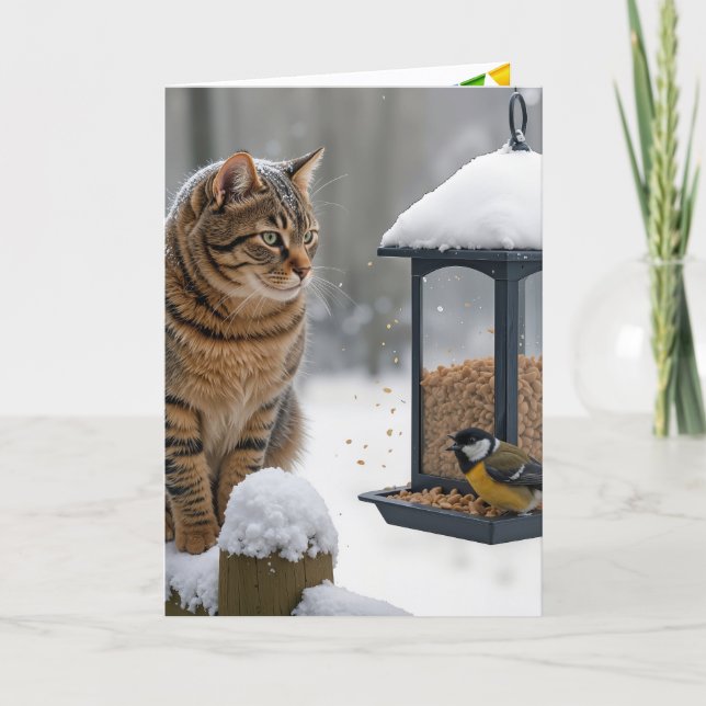 Birthday Cat Watching a Bird On a Feeder Card (Front)