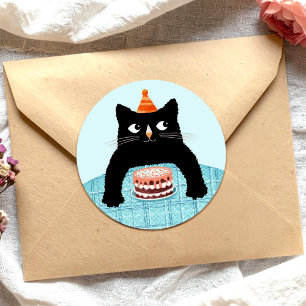 Birthday cat wit Birthday cake and hat Square Stic Classic Round Sticker