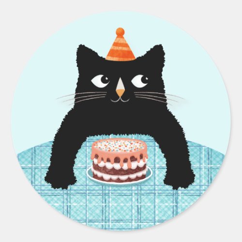 Birthday cat wit Birthday cake and hat Square Stic Classic Round Sticker