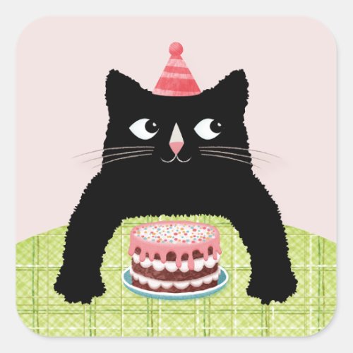 Birthday cat wit Birthday cake and hat Square Sticker