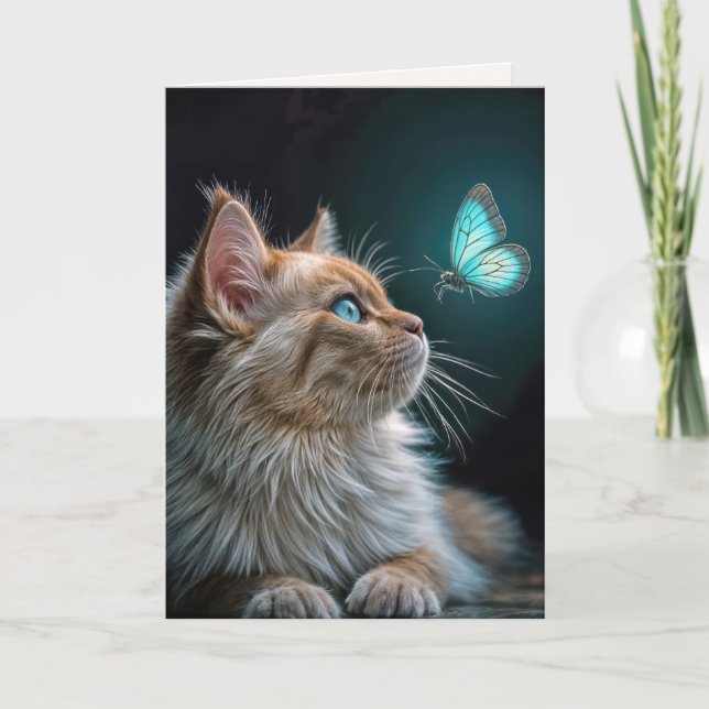 Birthday Cat With a Glowing Neon Butterfly Card (Front)