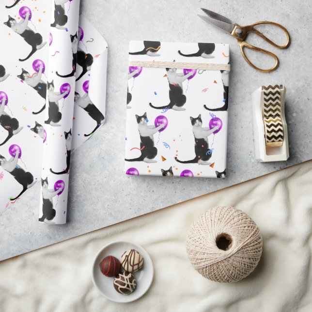 Birthday Cat with Balloon and Confetti Wrapping Paper (Crafts)