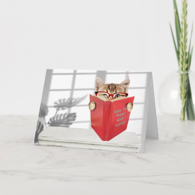 Birthday Cat with Glasses and Red Book  Card (Front)