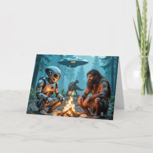 Birthday Caveman and Alien Robot By a Campfire Card