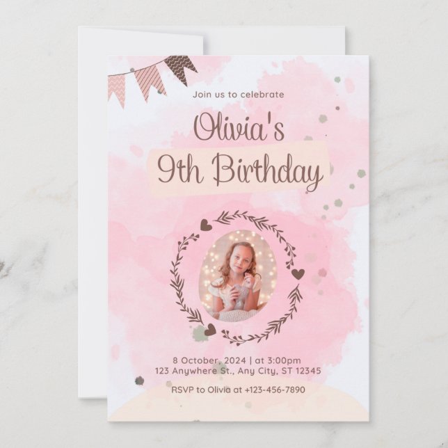 Birthday celebration for nine years old girl invitation (Front)