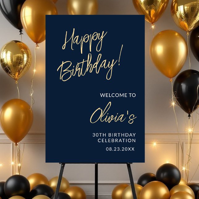 Birthday Celebration Gold Navy Blue Script Foam Board (Creator Uploaded)
