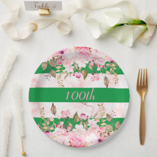Birthday Celebration Green Pink Stripe Floral Paper Plates