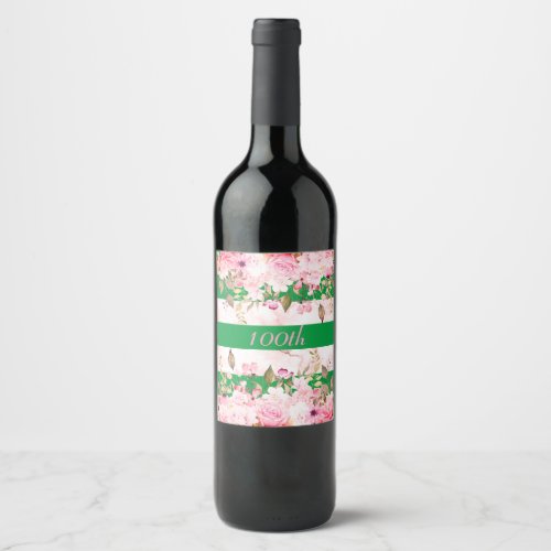 Birthday Celebration Green Pink Stripe Floral Wine Label