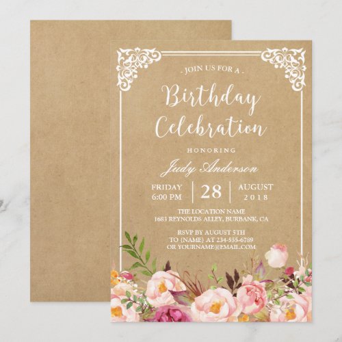 Birthday Celebration | Rustic Floral Frame Kraft Card