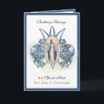 Birthday Celebration Virgin Mary Elegant Religious Card<br><div class="desc">This is a beautiful traditional Catholic customized image of the Blessed Virgin Mary,  Our Lady of Lourdes overlaid on a Marian "M" with a deep blue border.  All text and fonts may be modified to suit the occasion and recipient.</div>