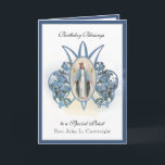 Birthday Celebration Virgin Mary Elegant Religious Card<br><div class="desc">This is a beautiful traditional Catholic customized image of the Blessed Virgin Mary,  Our Lady of Lourdes overlaid on a Marian "M" with a deep blue border.  All text and fonts may be modified to suit the occasion and recipient.</div>