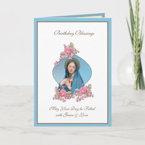 Birthday Celebration Virgin Mary Jesus pink roses Card