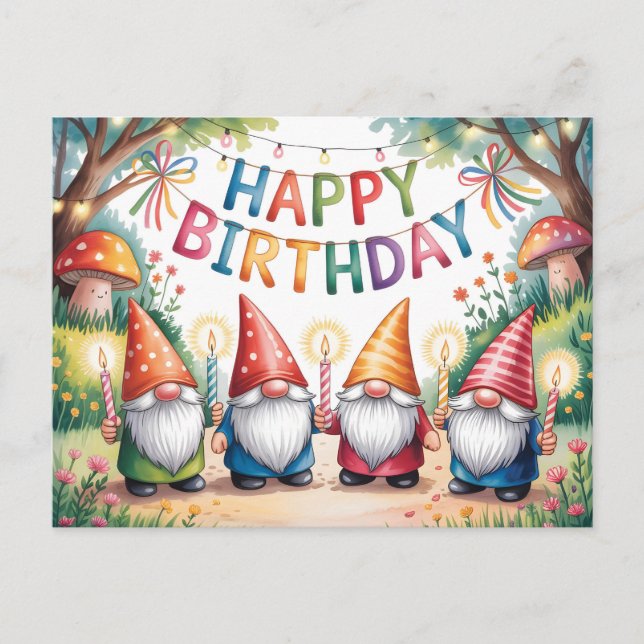 Birthday Celebration with a Group of Garden Gnomes Postcard (Front)