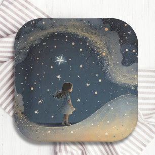 Birthday Celestial Star Watercolor Girl Modern Paper Plates