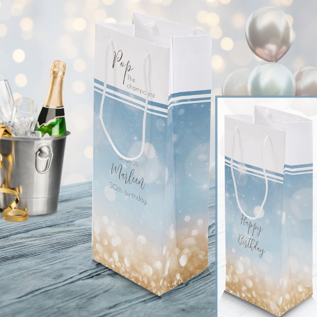 Birthday champagne light blue sparkling gold  wine gift bag (Champagne celebration. An elegant light gold and sparling blue bottle gift bag. Girly and glamorous)