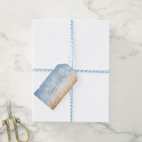 Birthday champagne sky blue sparkling gold shimmer gift tags