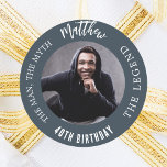 Birthday charcoal gray photo man myth legend classic round sticker<br><div class="desc">A charcoal gray background.   Text: The Man,  The Myth,  The Legend. Personalize and add his name,  age and photo.</div>