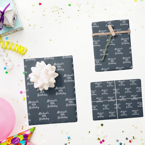 Birthday charcoal gray white name script wrapping paper sheets