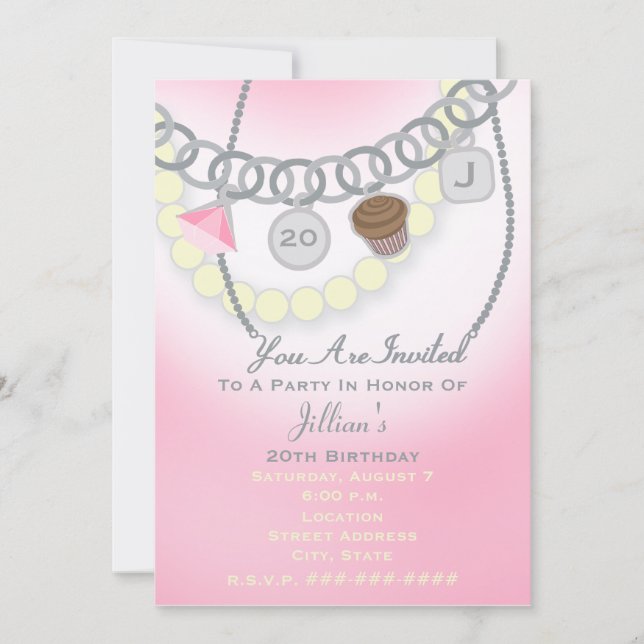 Birthday Charm Bracelet & Pearls Jewelry Invite (Front)