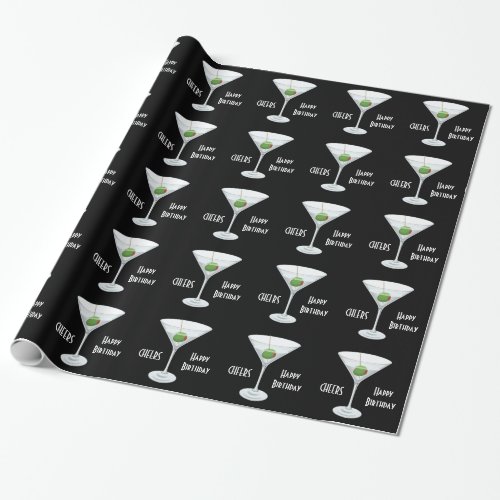 Birthday Cheers Martini Glass Olive Cocktail Black Wrapping Paper