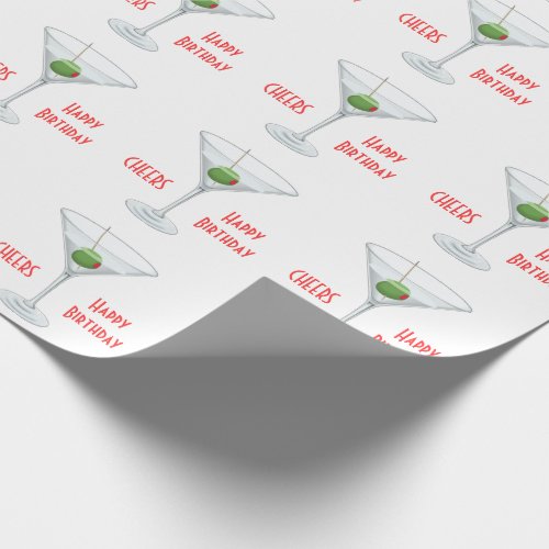 Birthday Cheers Martini Glass Olive Cocktail White Wrapping Paper